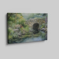 Framed canvas print of a serene watercolor painting of a rustic stone bridge over a calm pond with water lilies