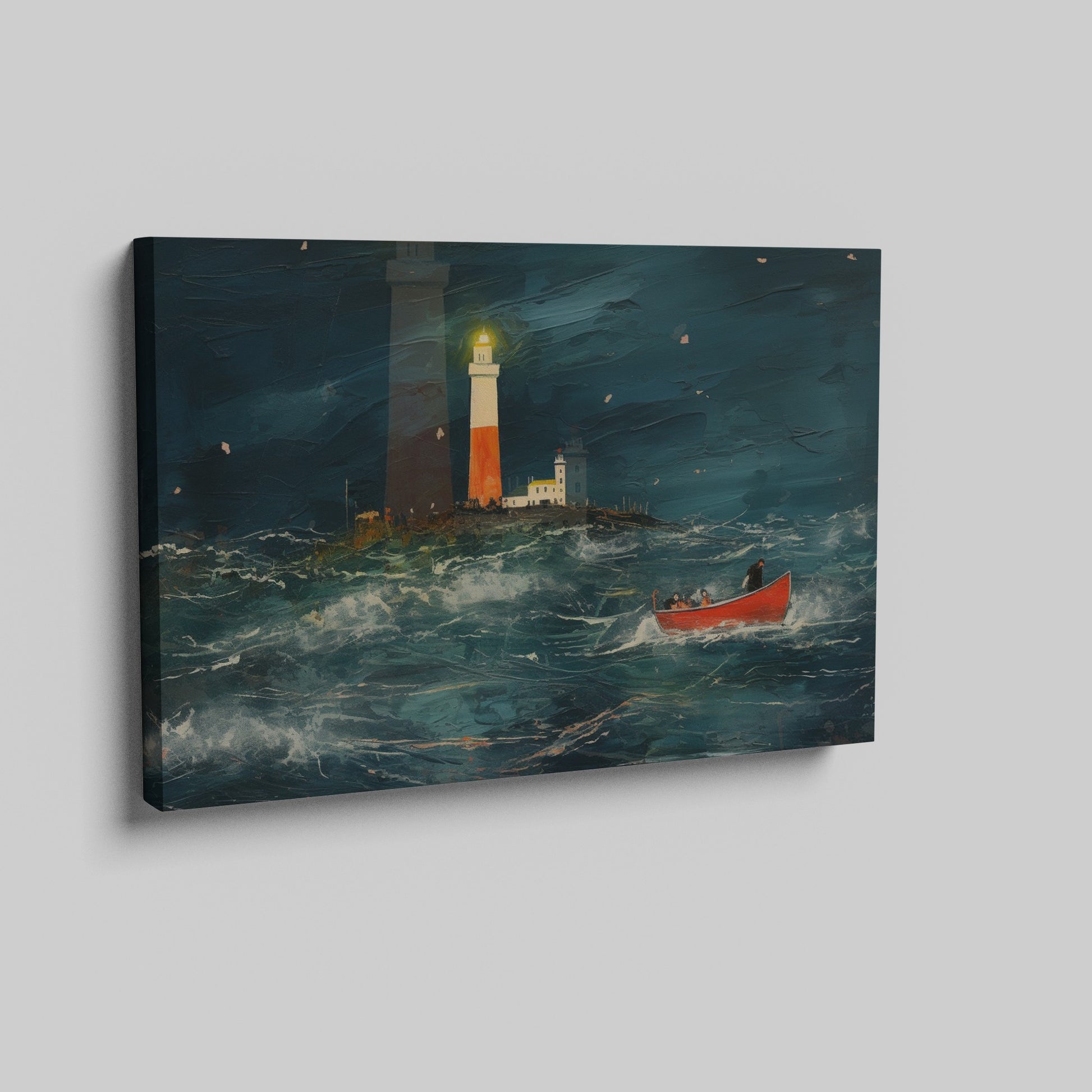 Framed canvas print of impressionist oceanic artwork featuring a bright lighthouse and a red boat in a stormy sea