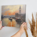 Framed canvas print of London's Westminster skyline at sunset with soft orange and blue tones