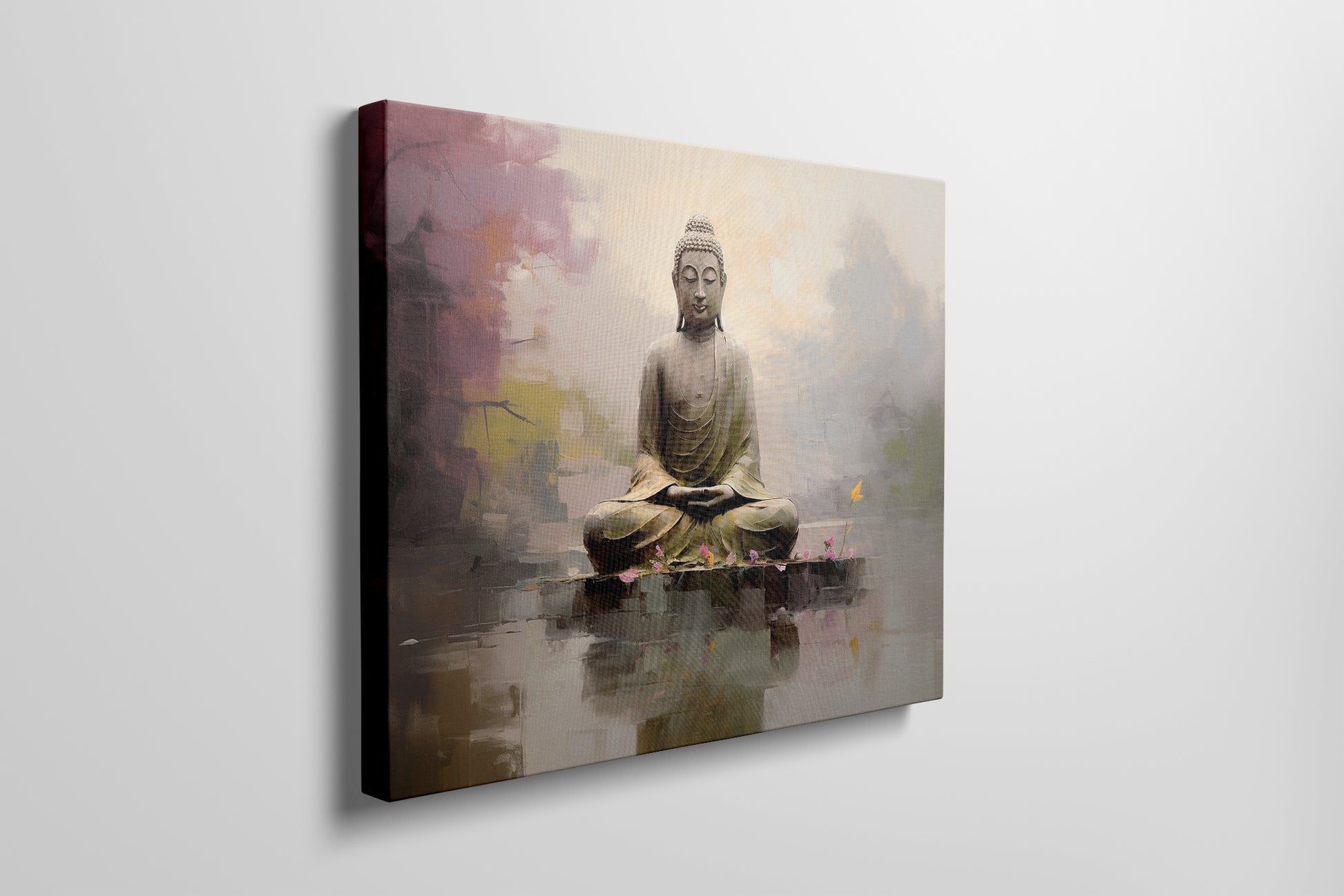 Framed canvas print of a serene Buddha in meditation, with vibrant, reflective water elements and a soft, modern background.