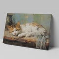 Framed canvas print of a peaceful sleeping cat in warm tones with painterly strokes