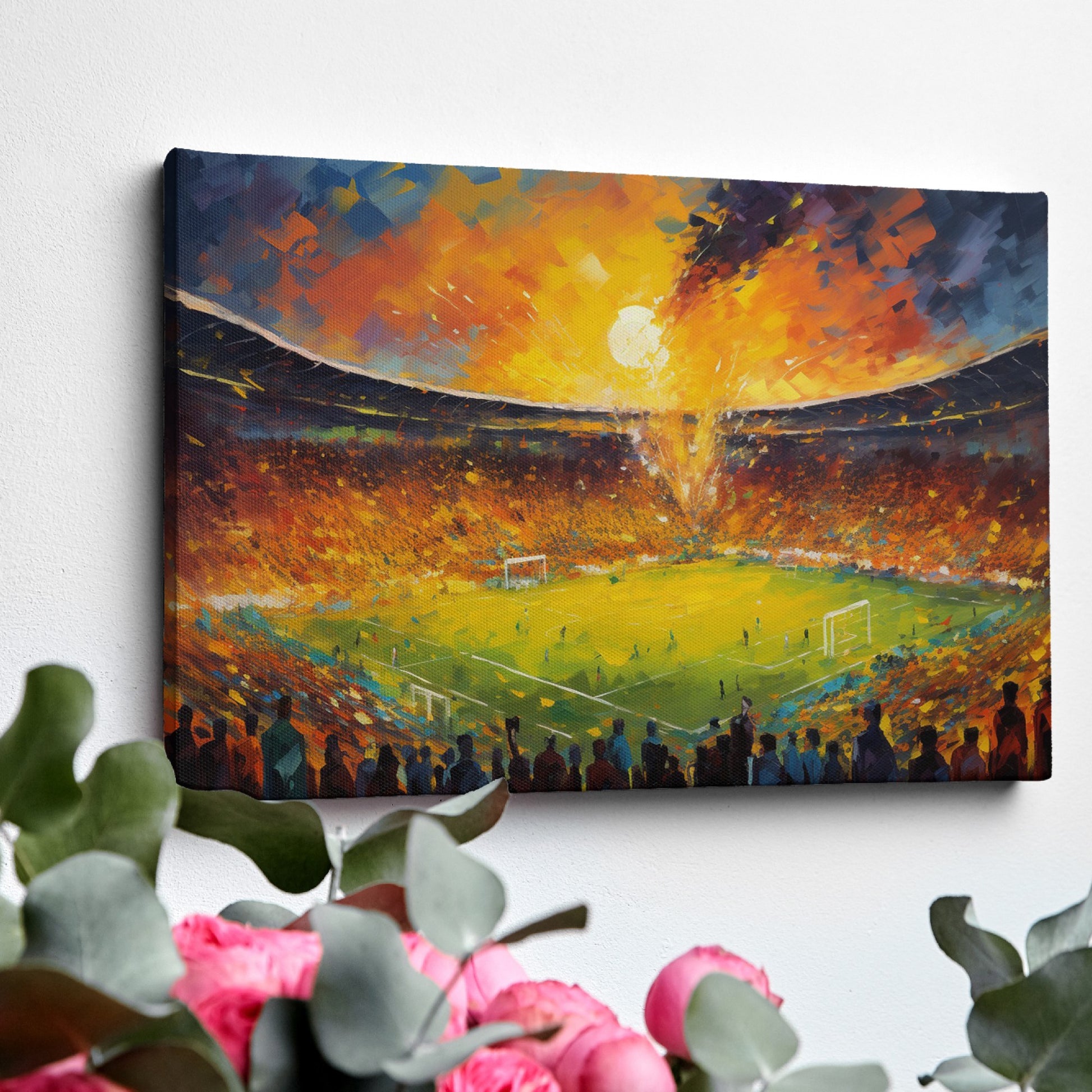 Framed canvas print of an impressionistic painting capturing a vibrant football match in a stadium at sunset