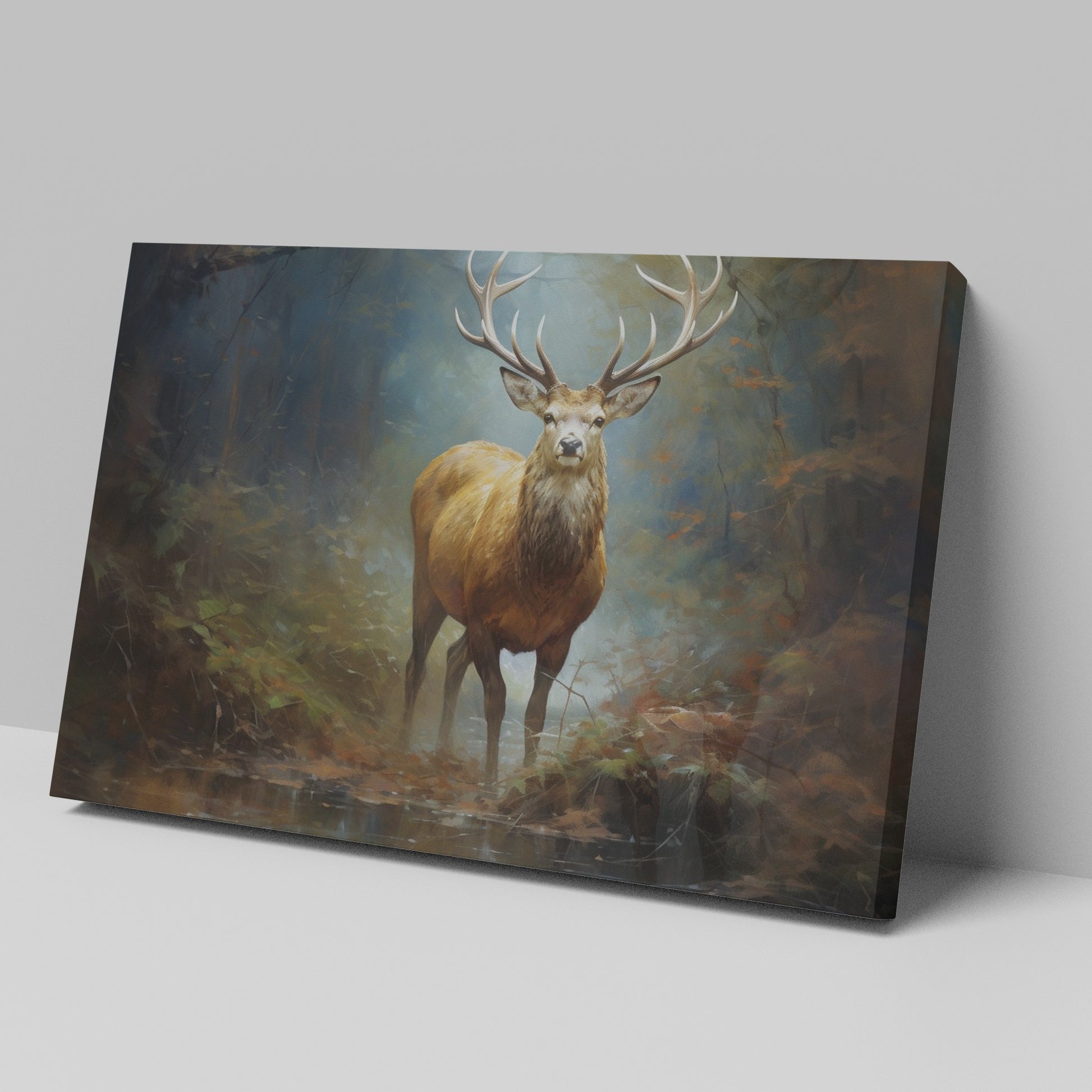 Framed canvas print of a majestic stag in an autumnal forest with rich earthy colours