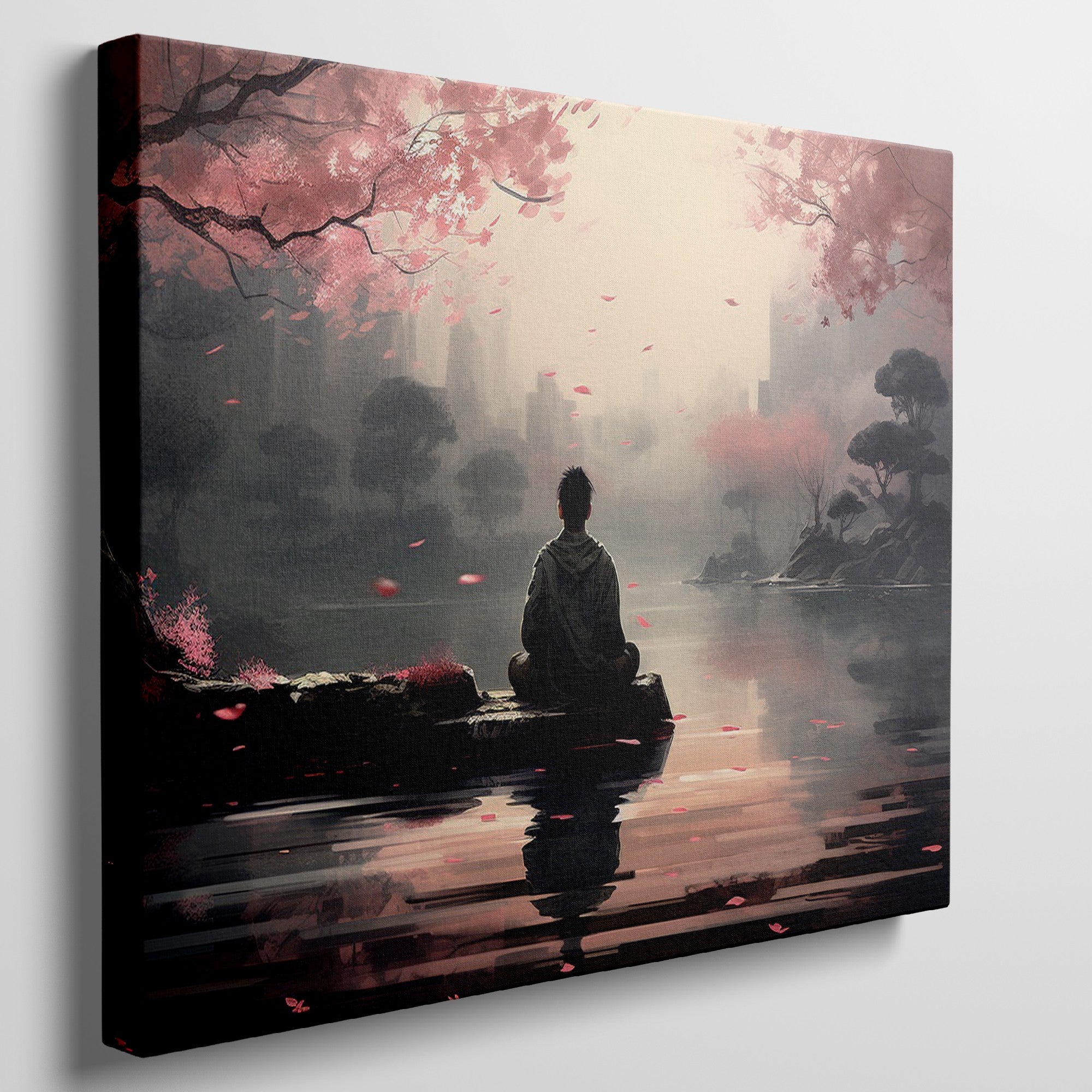 Framed canvas print of a serene digital painting with a figure sitting near water, reflecting cherry blossoms and a city silhouette