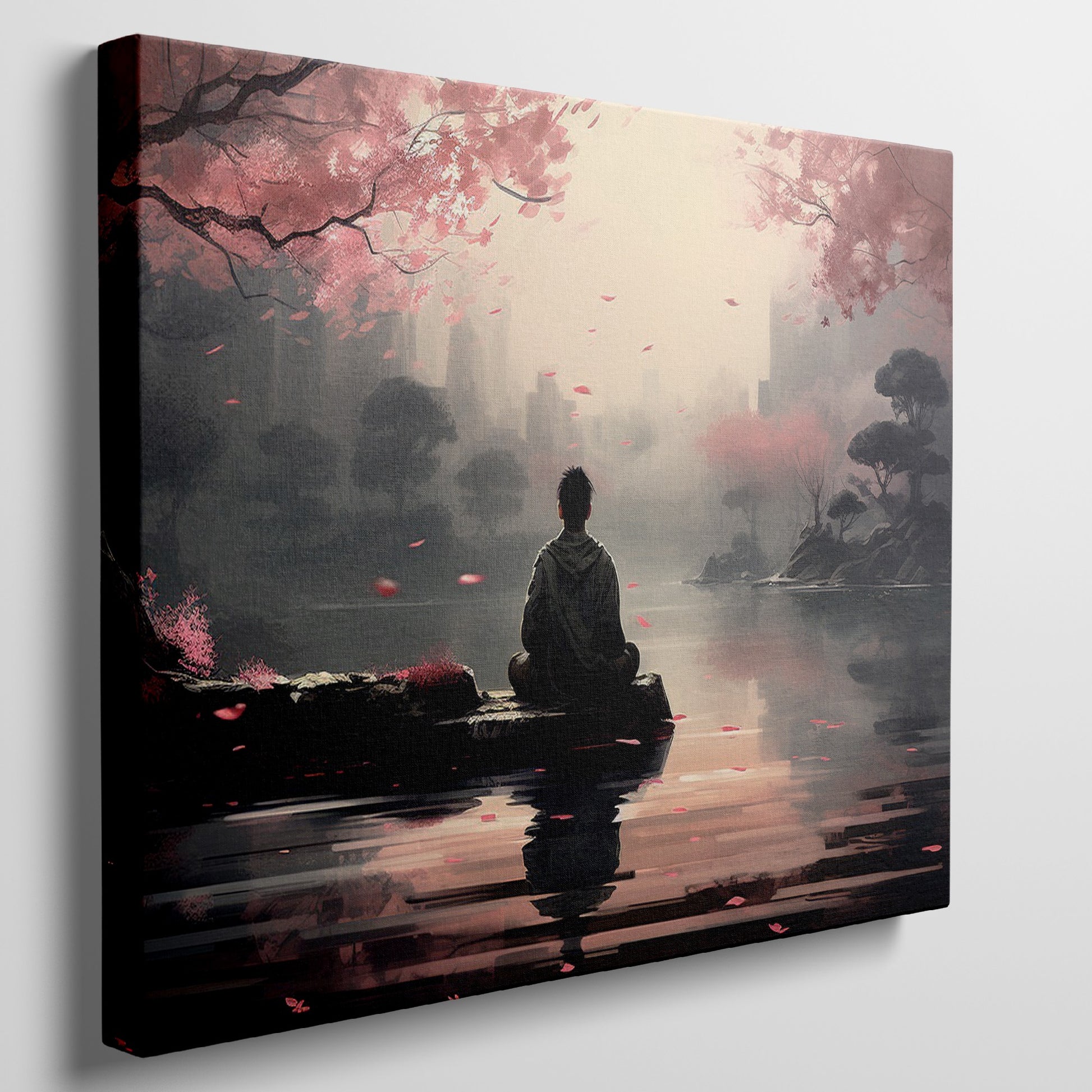 Framed canvas print of a serene digital painting with a figure sitting near water, reflecting cherry blossoms and a city silhouette