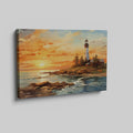 Framed canvas print of a lighthouse overlooking the ocean at sunset with vibrant sky and calm water reflections