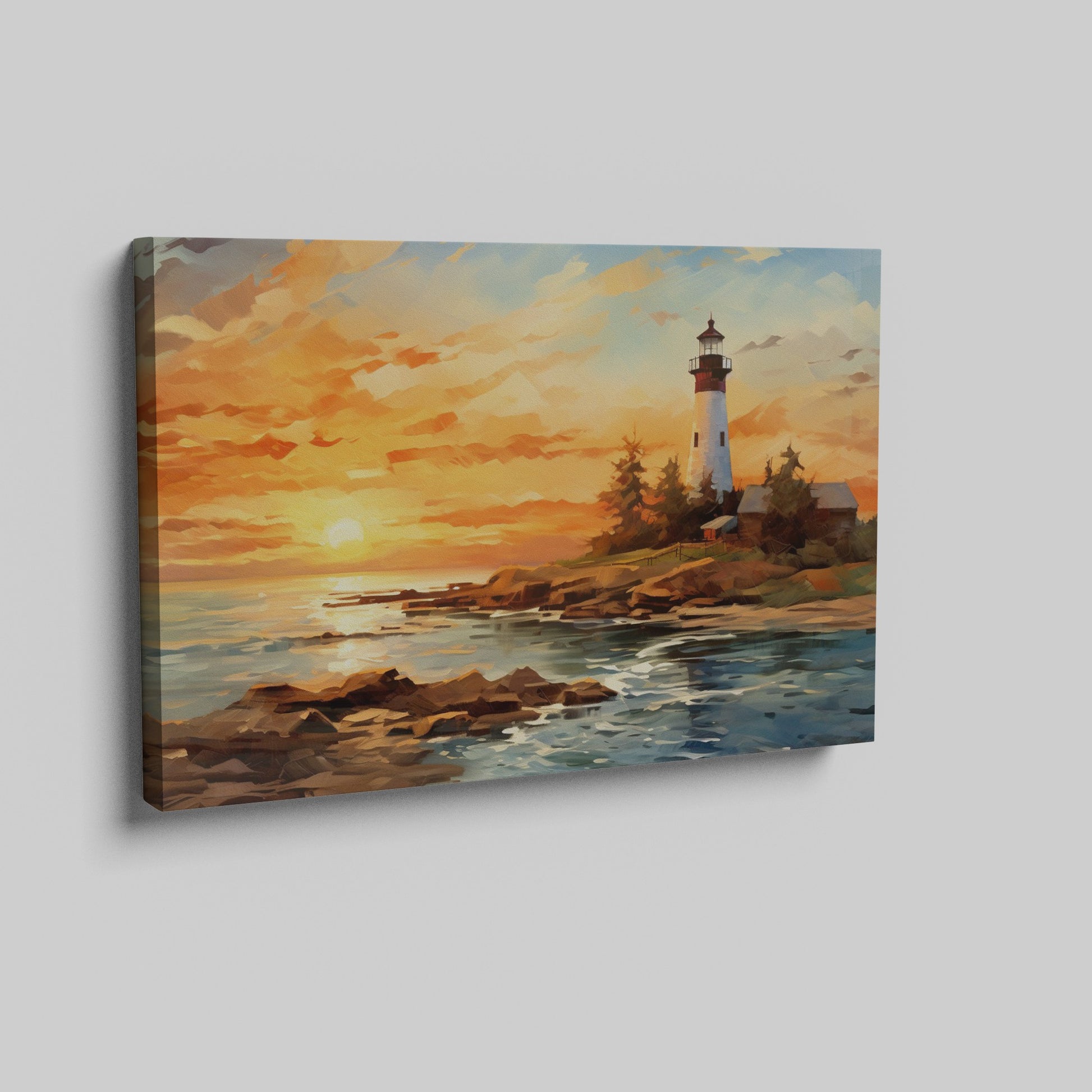 Framed canvas print of a lighthouse overlooking the ocean at sunset with vibrant sky and calm water reflections