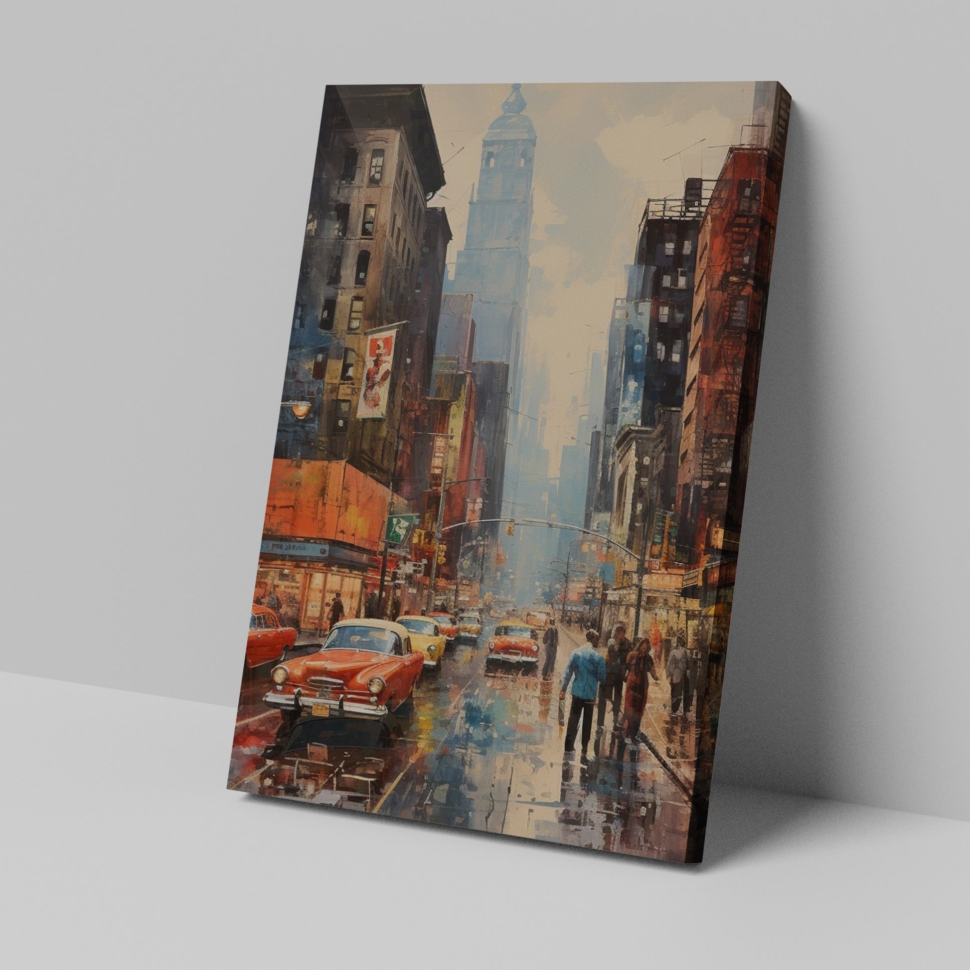 Framed canvas print of a rainy urban cityscape with vintage cars and reflections on the wet street