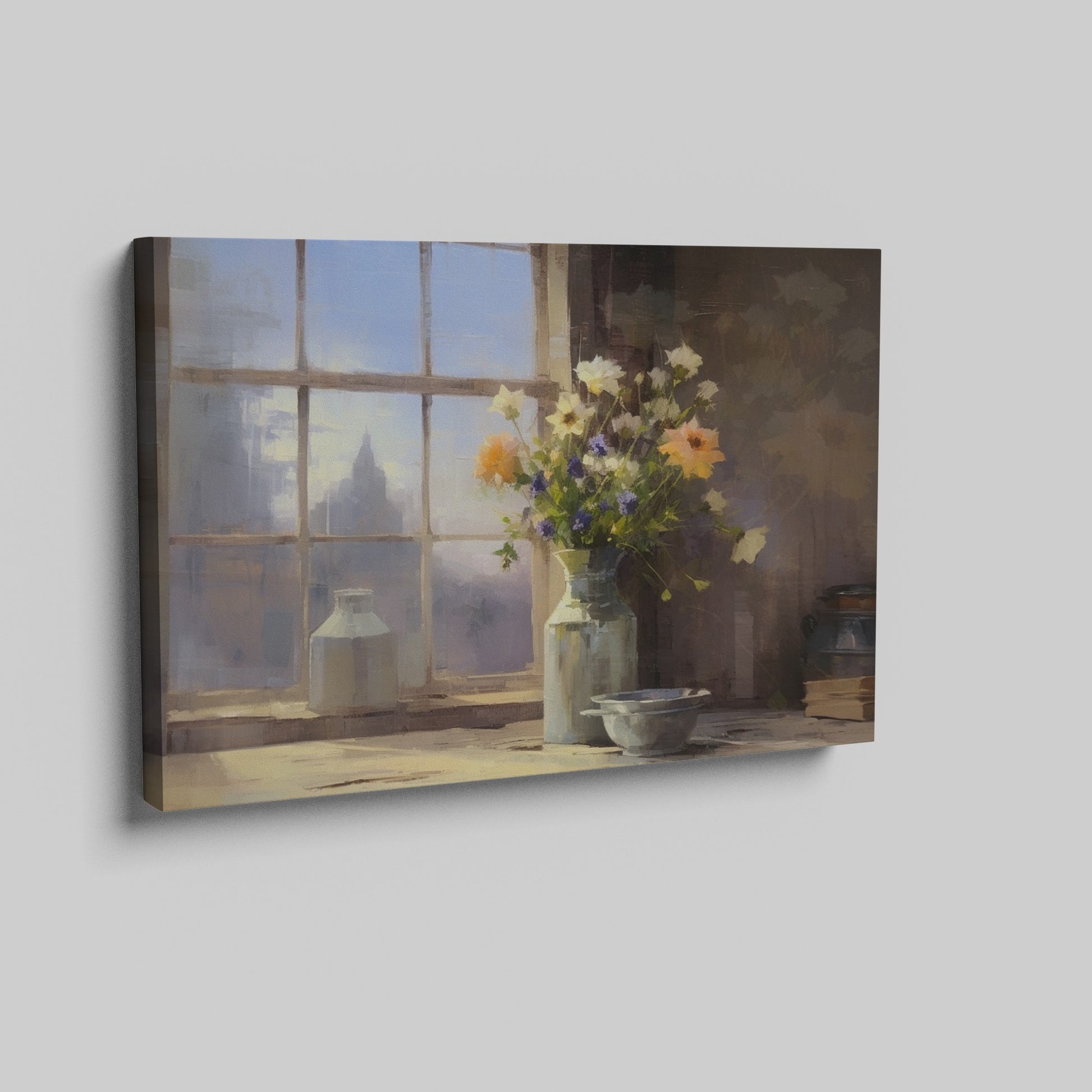 Framed canvas print of a rustic wildflower bouquet on a window sill, with soft morning light