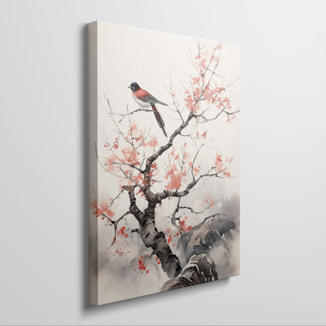A canvas art print depicting a red-breasted bird on a blossoming tree branch with red flowers, rendered in a traditional Oriental watercolor style.