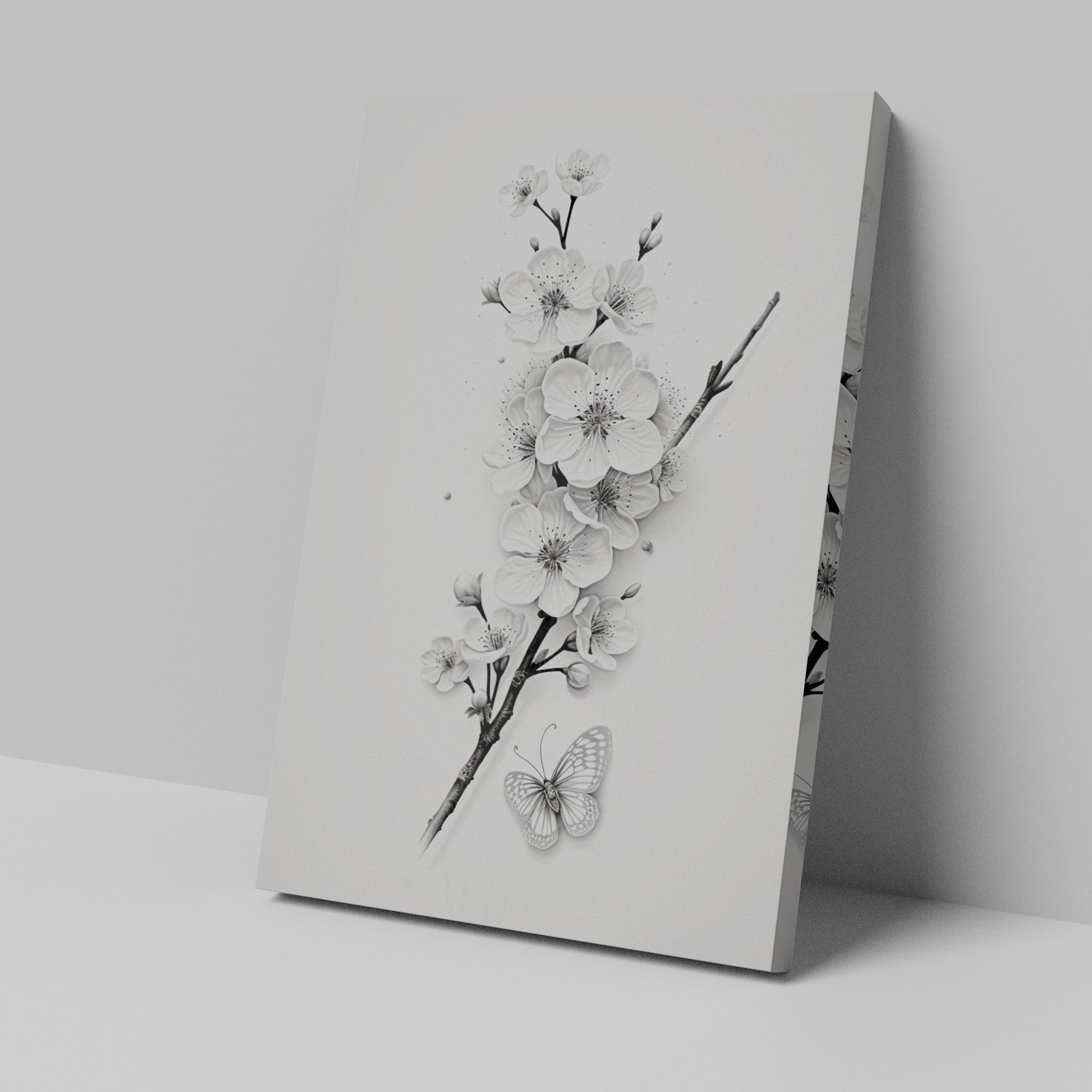 Framed canvas print of monochrome blossoms and a butterfly in a minimalist style