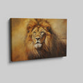 Framed canvas print of a majestic lion portrait with a warm golden colour scheme