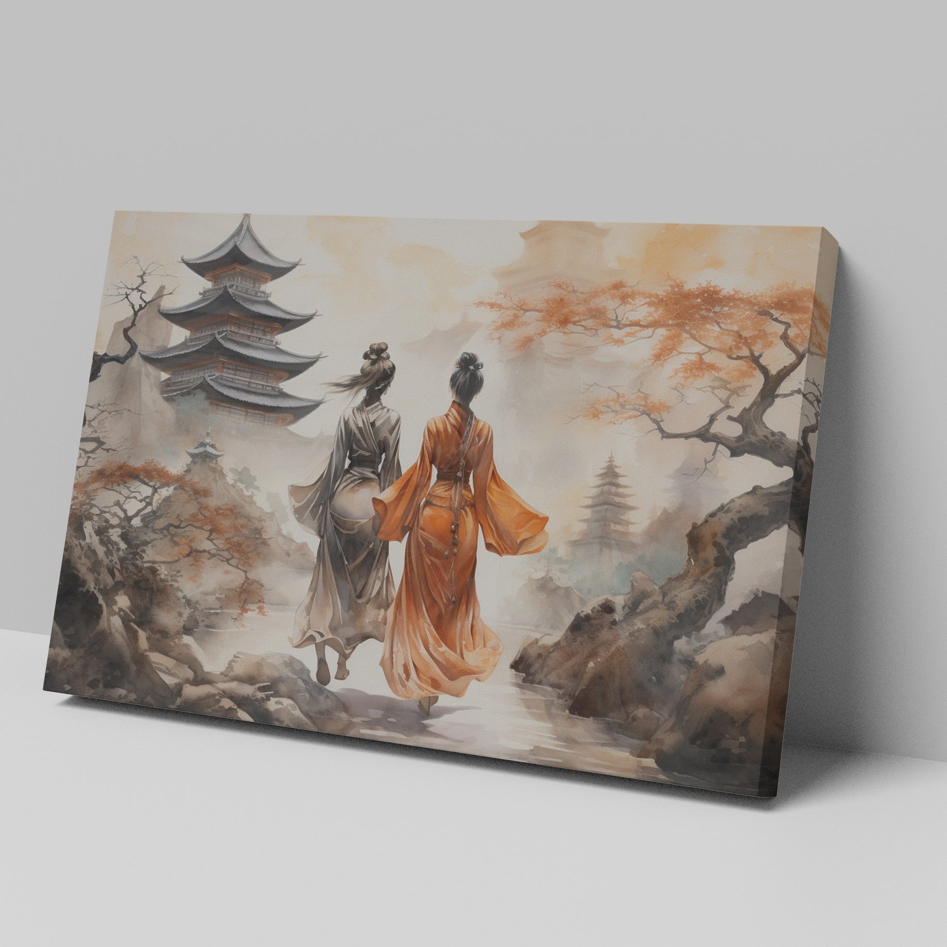 Framed canvas print of traditional Chinese pagoda landscape with figures in kimonos and cherry blossoms