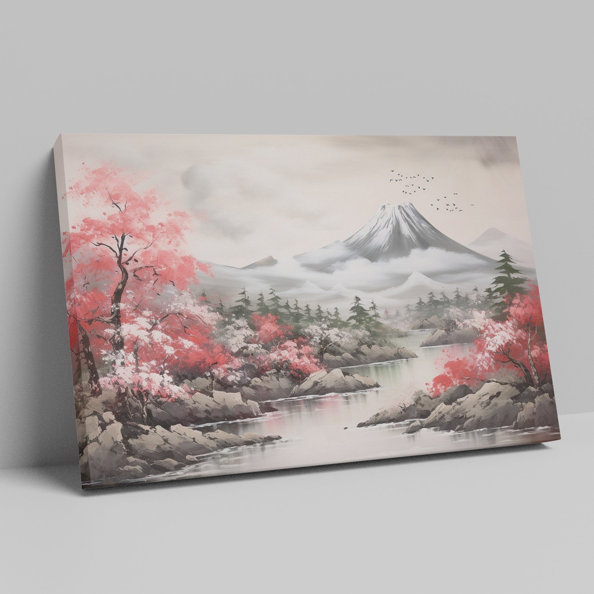 Framed canvas print of a serene landscape with cherry blossoms and a mountain