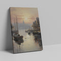 Framed canvas print of serene harbour with sunset, reflective water and sailing boats