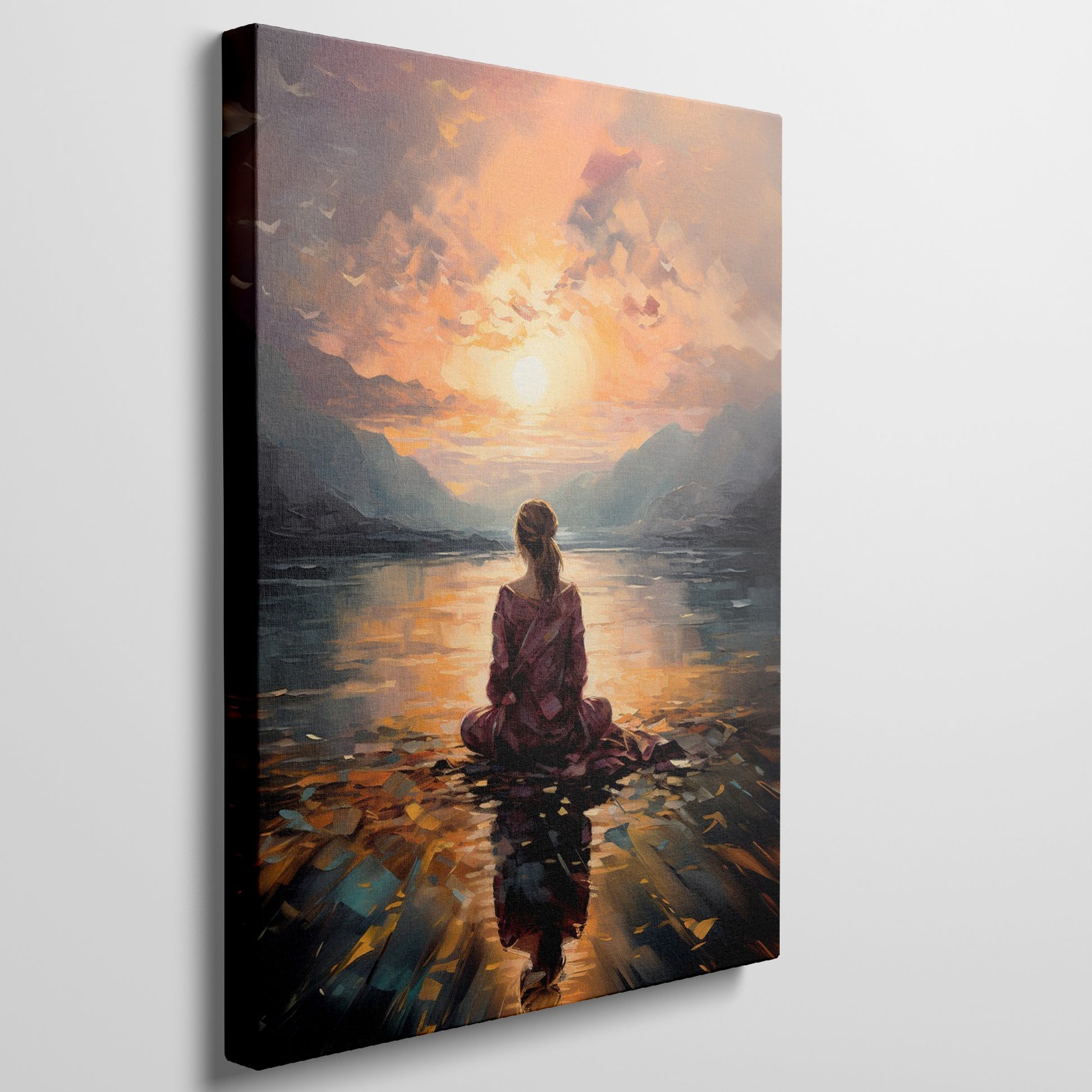 Framed canvas print of a contemplative figure at lakeside during sunset, with vivid warm colours and impressionist style