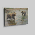 Framed canvas print of grizzly bears wading through water in an impressionist style