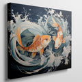 Framed canvas print of two vibrant koi fish with dynamic water movements in a Japanese style illustration