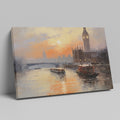 Framed canvas print of London's Westminster skyline at sunset with soft orange and blue tones