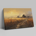 Framed canvas print of a rustic countryside at sunset with golden fields and cottages