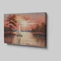 Impressionistic painting of a sailboat on a calm lake with orange and red sunset and tree silhouette reflections.