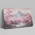 Framed canvas print of serene mountain landscape with pink cherry blossoms and mist