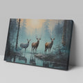 Framed canvas print of deer in a forest at sunrise with reflections in water, blue and orange tones