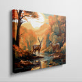 Digital painting of two stags by a river in an autumn forest with a sunset in the background