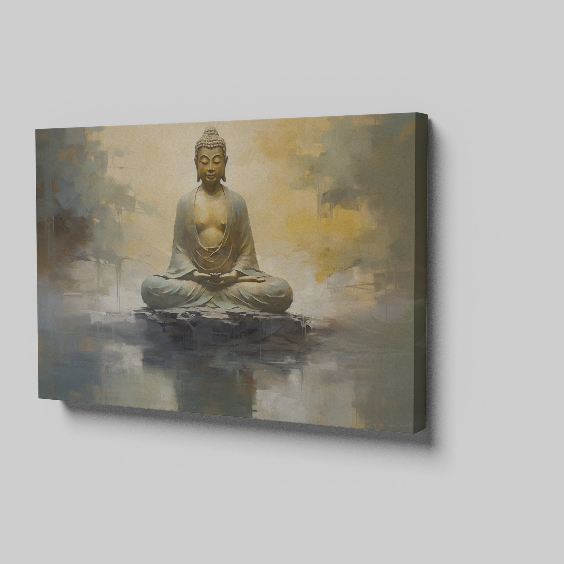 Framed canvas print of a serene Buddha in meditation with abstract golden backgrounds