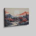 Framed canvas print of oriental autumn landscape with red sakura trees and mountain view