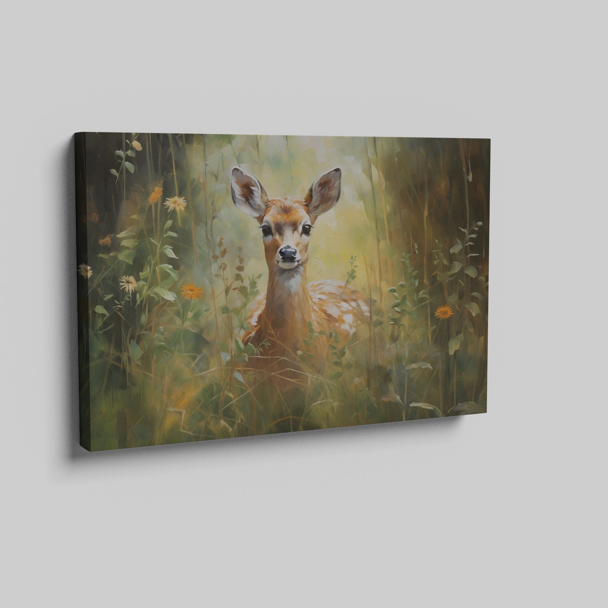 Framed canvas print of a gentle fawn in a sunlit meadow with vibrant wildflowers