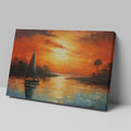 Framed canvas print of a vibrant impressionist sailboat against an orange hued sunset