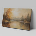 Impressionist painting of a lake with autumn trees and calm water reflections in warm golden and brown tones