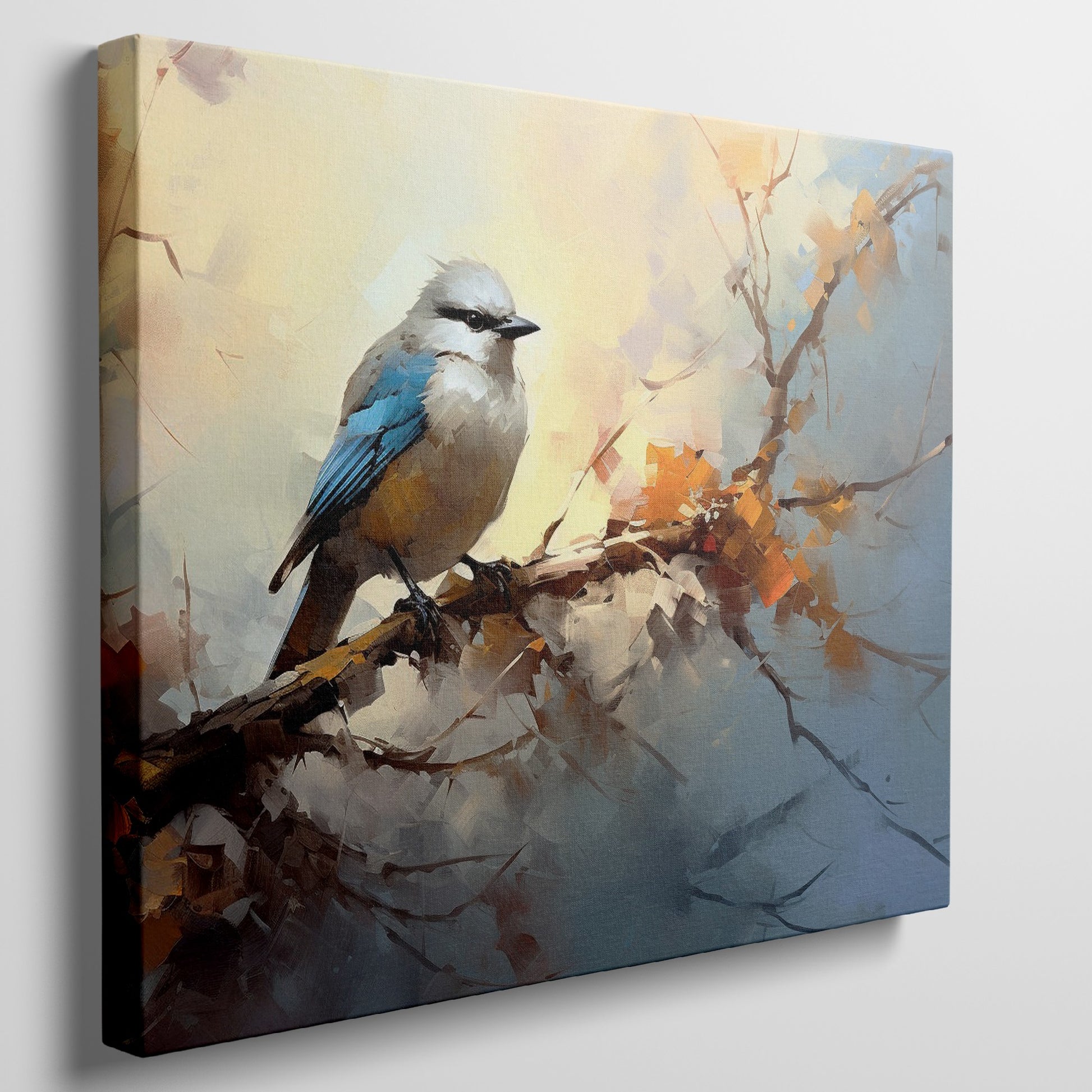 Framed canvas print of a stylised blue bird sitting on a branch with impressionistic brushstrokes