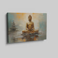 Framed canvas print of a serene Buddha in meditation with warm orange and soft blue abstract background