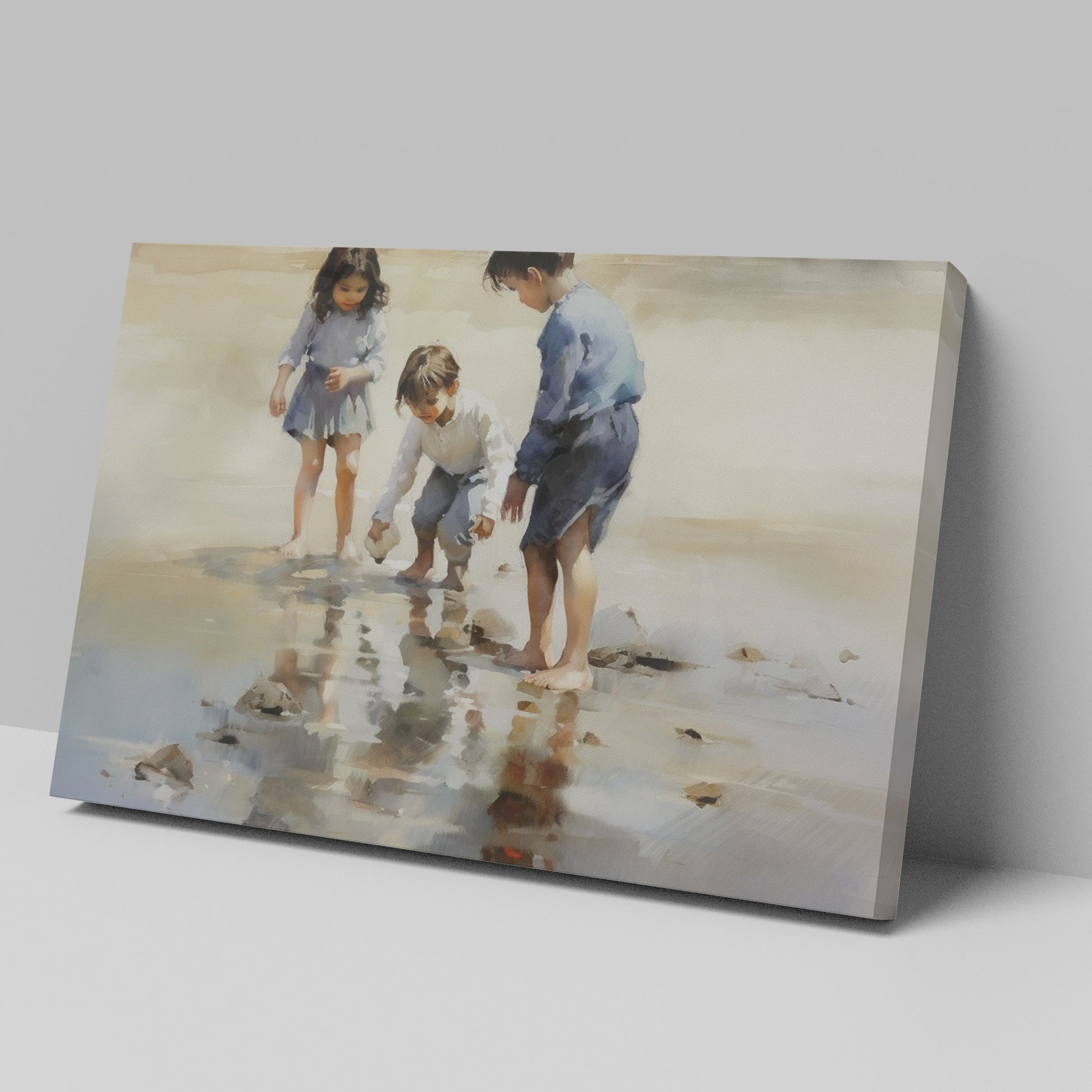 Framed canvas print of children playing by the seashore with a watercolor effect