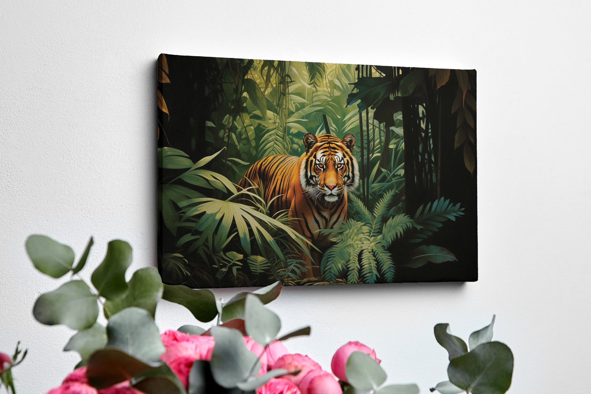 Framed canvas print of a majestic tiger amidst vibrant green tropical foliage