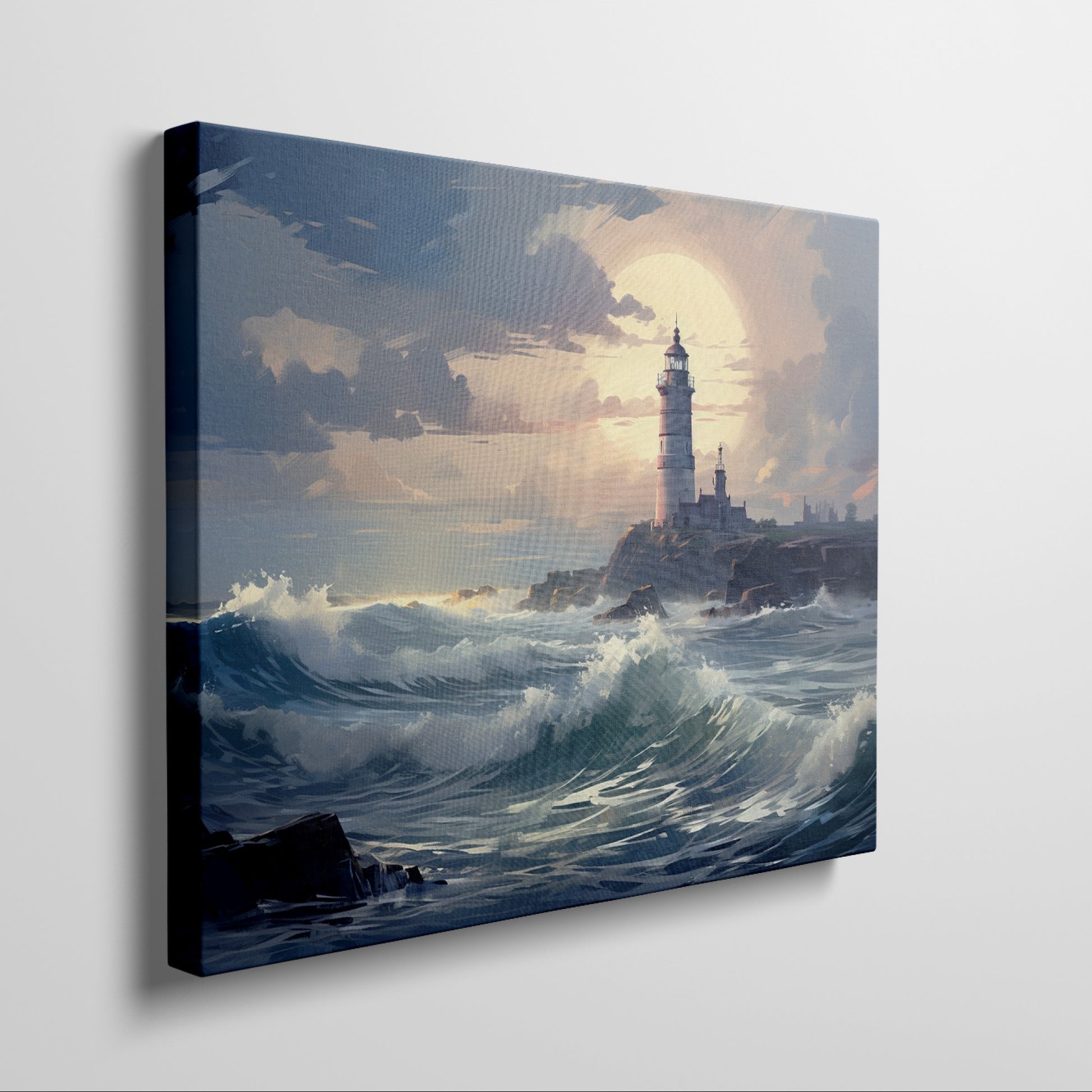 Framed canvas print of a lighthouse by the sea at sunset with crashing waves