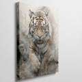 Framed canvas print of a fierce and majestic tiger in watercolour, highlighting the animal's intense gaze and striking details against a neutral backdrop.