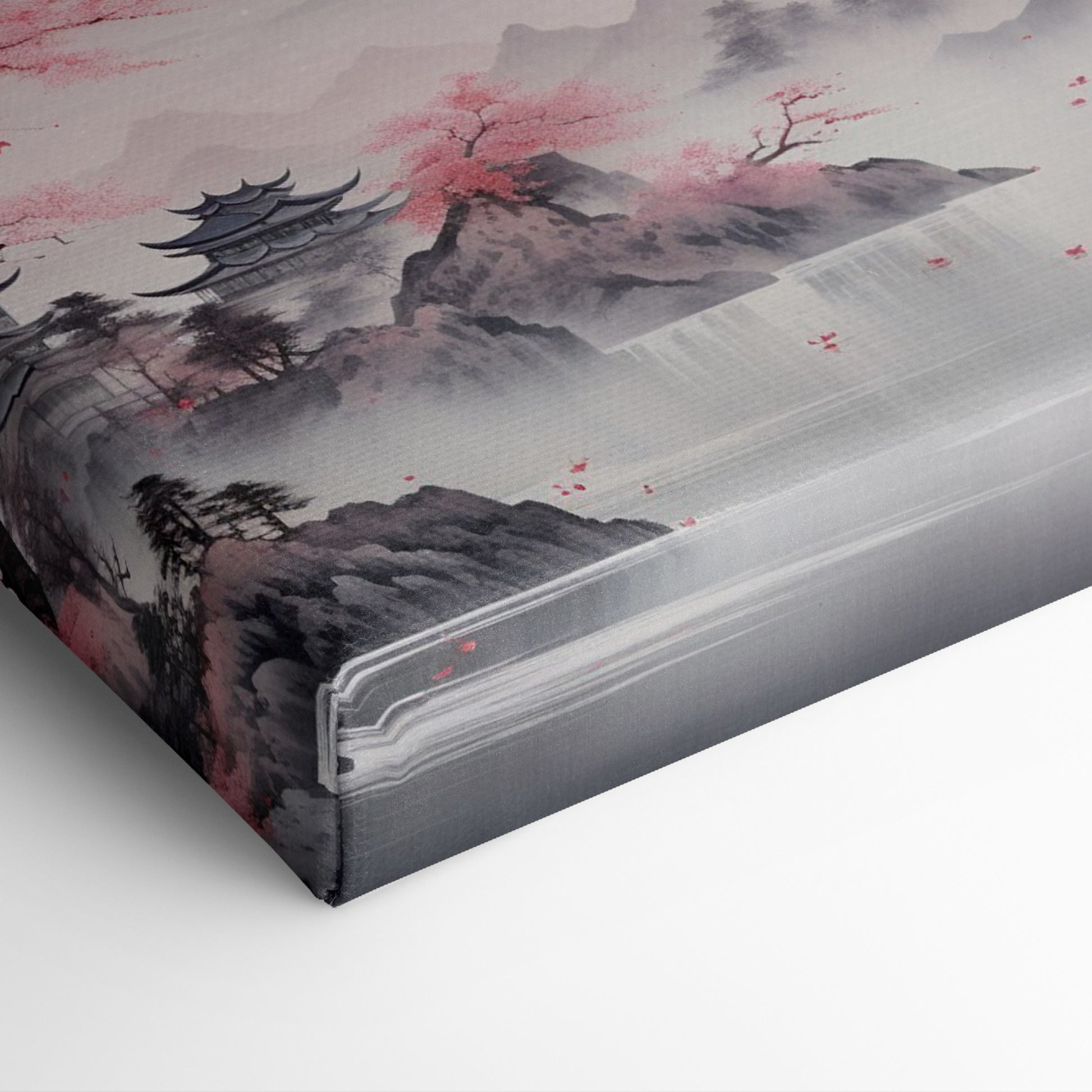 Framed canvas print of a traditional Asian landscape with cherry blossoms and misty mountains