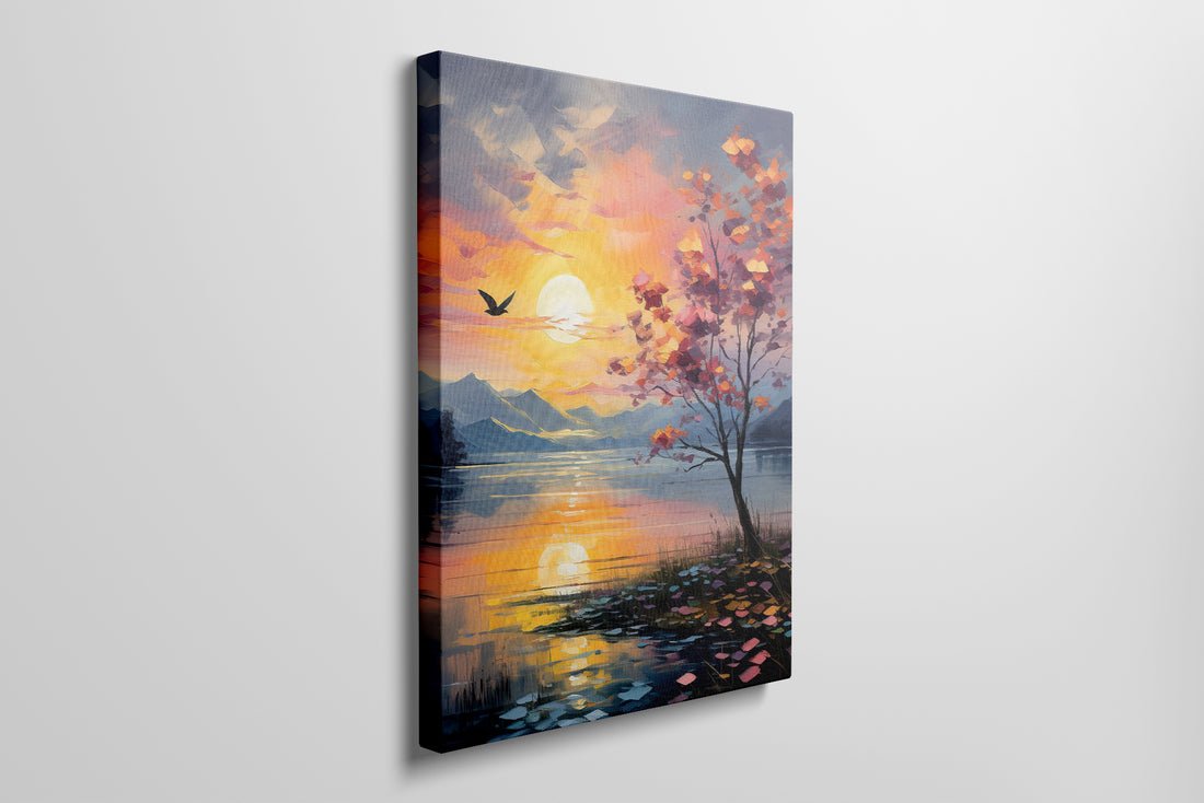 Framed canvas print of an impressionist autumn sunset with vibrant colours over a serene lakeside