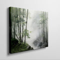 Framed canvas print of a misty bamboo forest in watercolour style with green and grey hues