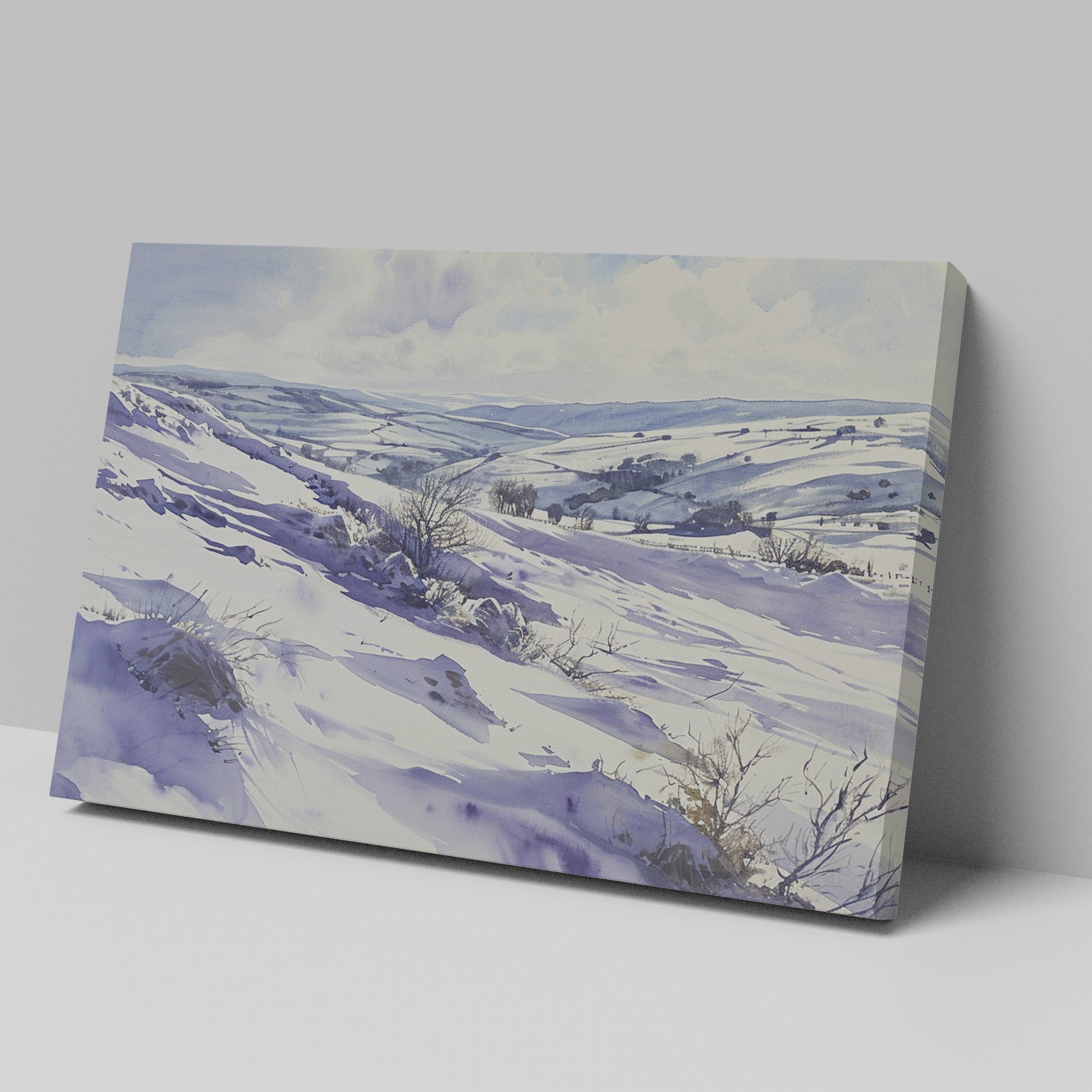 Framed canvas print of a serene winter landscape with snow-covered hills and valleys