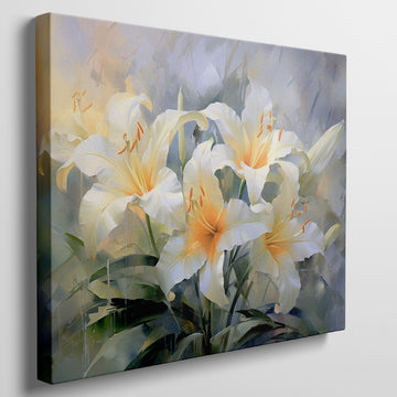 Framed canvas print of impressionist style lilies in vibrant cream and yellow hues