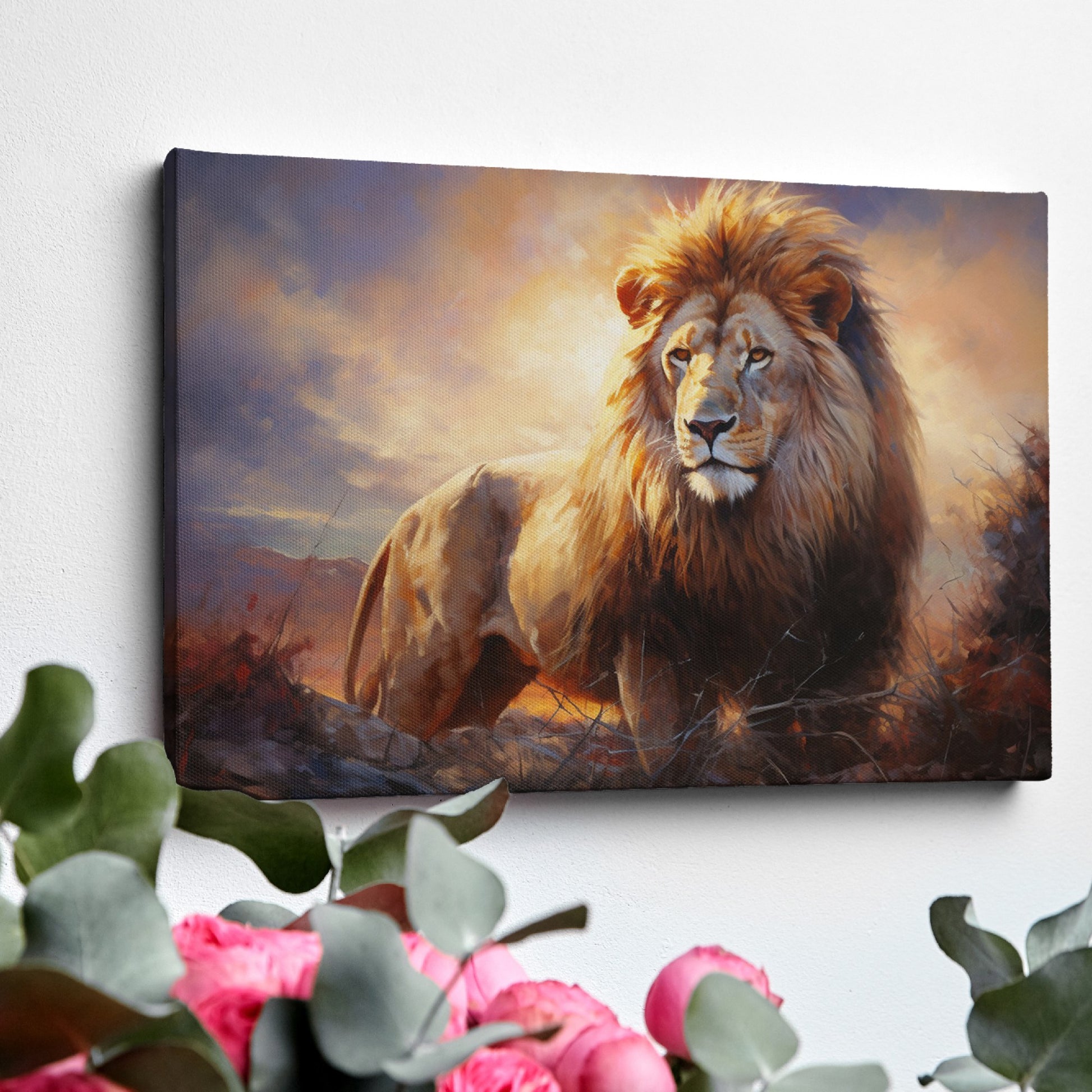 Framed canvas print of a majestic lion against a fiery sunset background