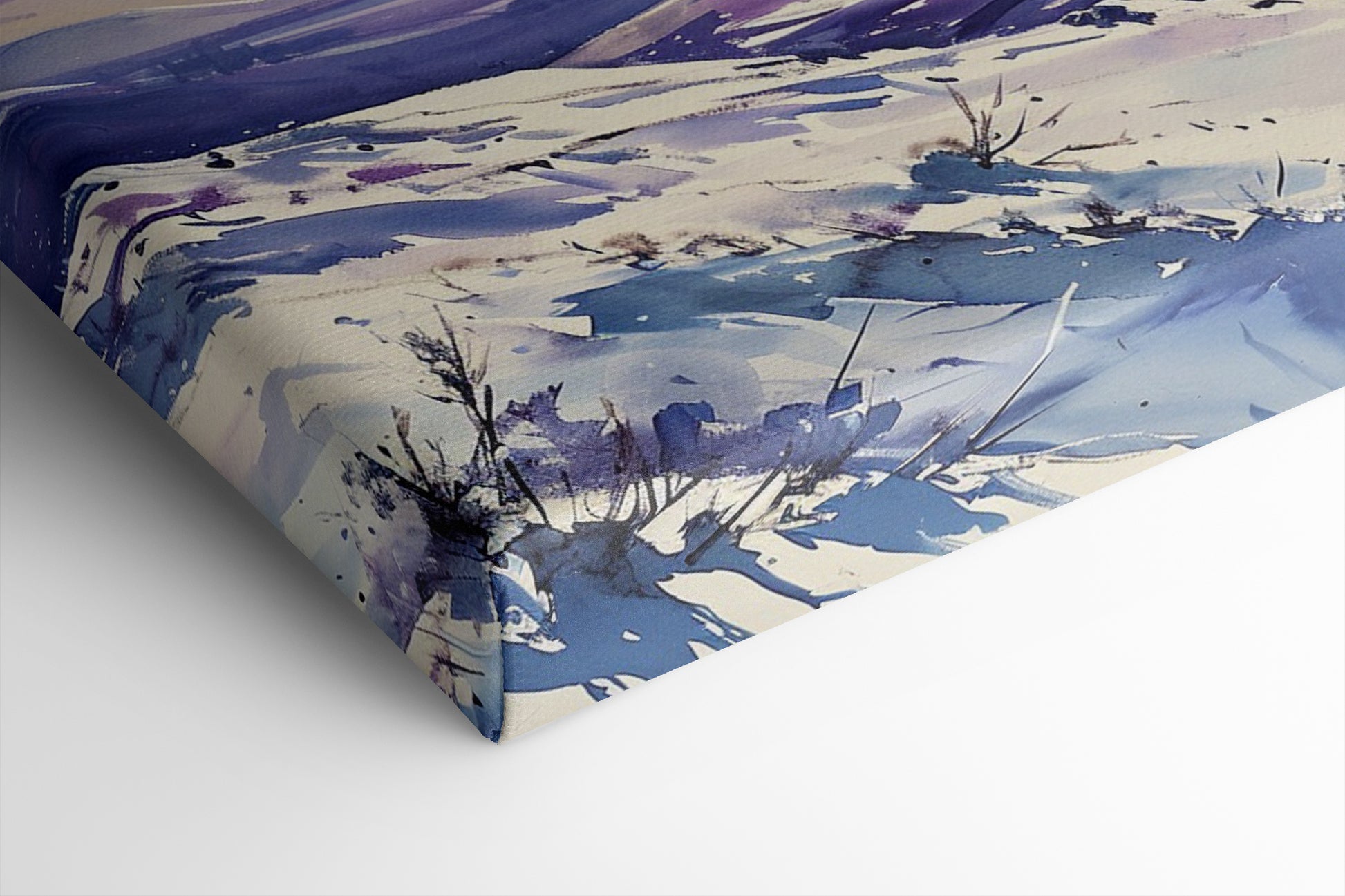 Framed canvas print of a snowy mountain landscape in watercolour with shades of purple and blue