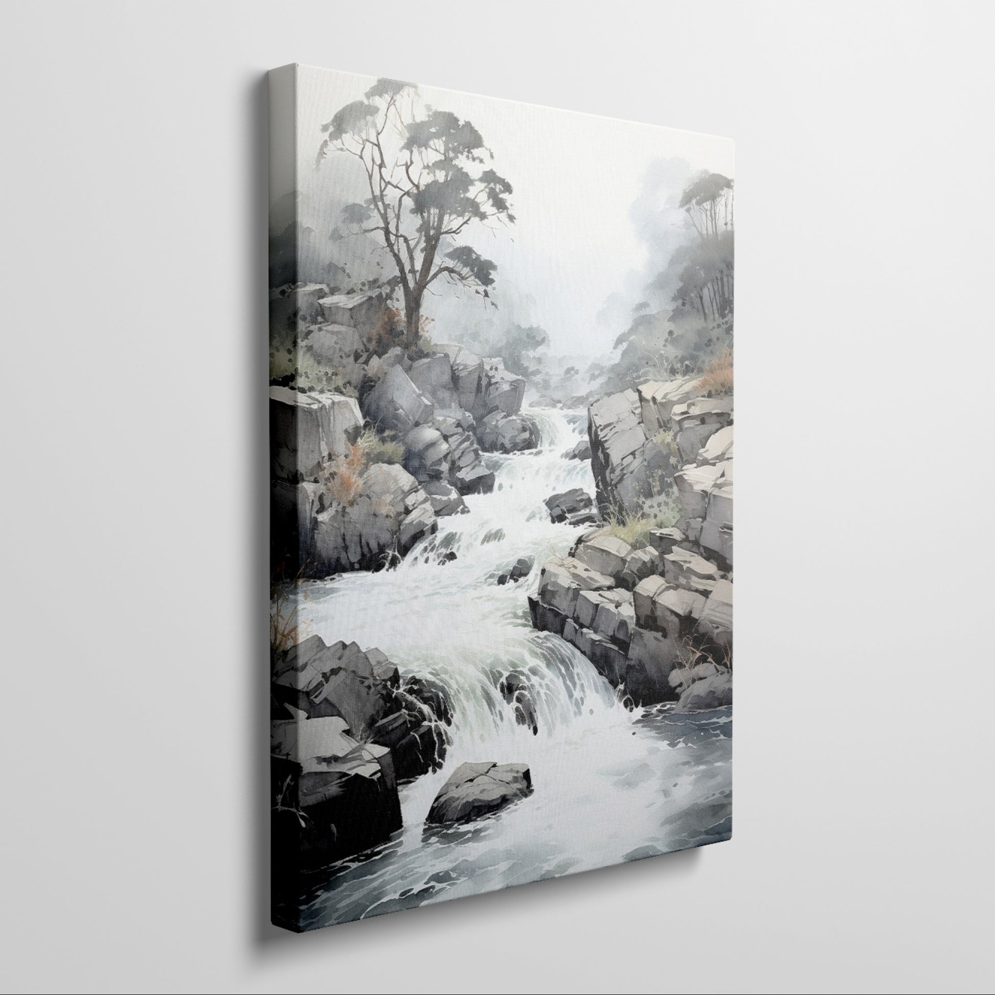 Framed canvas print of a misty river waterfall amid rugged rocks and a serene forest