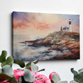 Framed canvas print of an impressionist lighthouse at sunset with vibrant colours