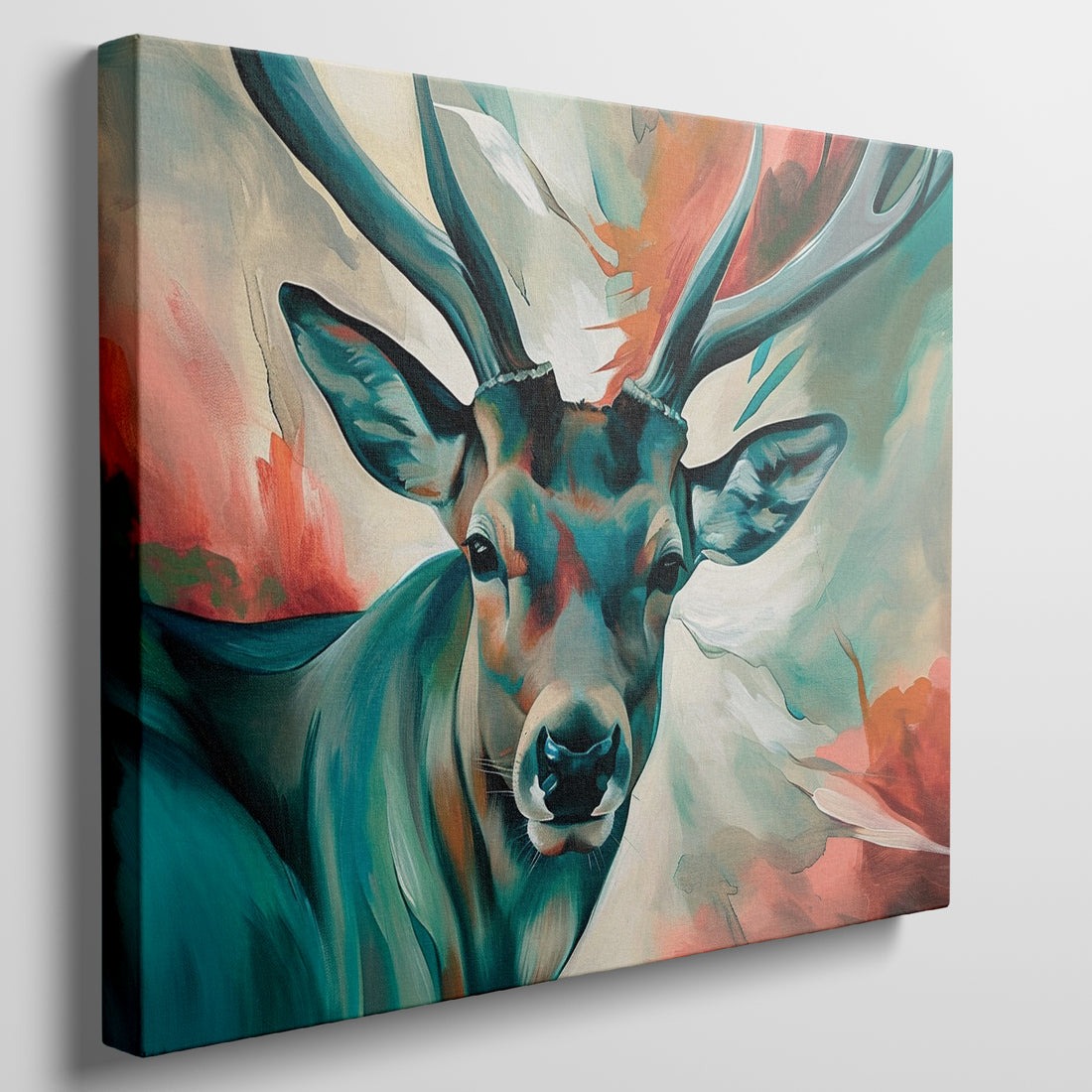 Framed canvas print of a colourful, impressionist painting of a stag with vibrant splashes of red, blue, and green