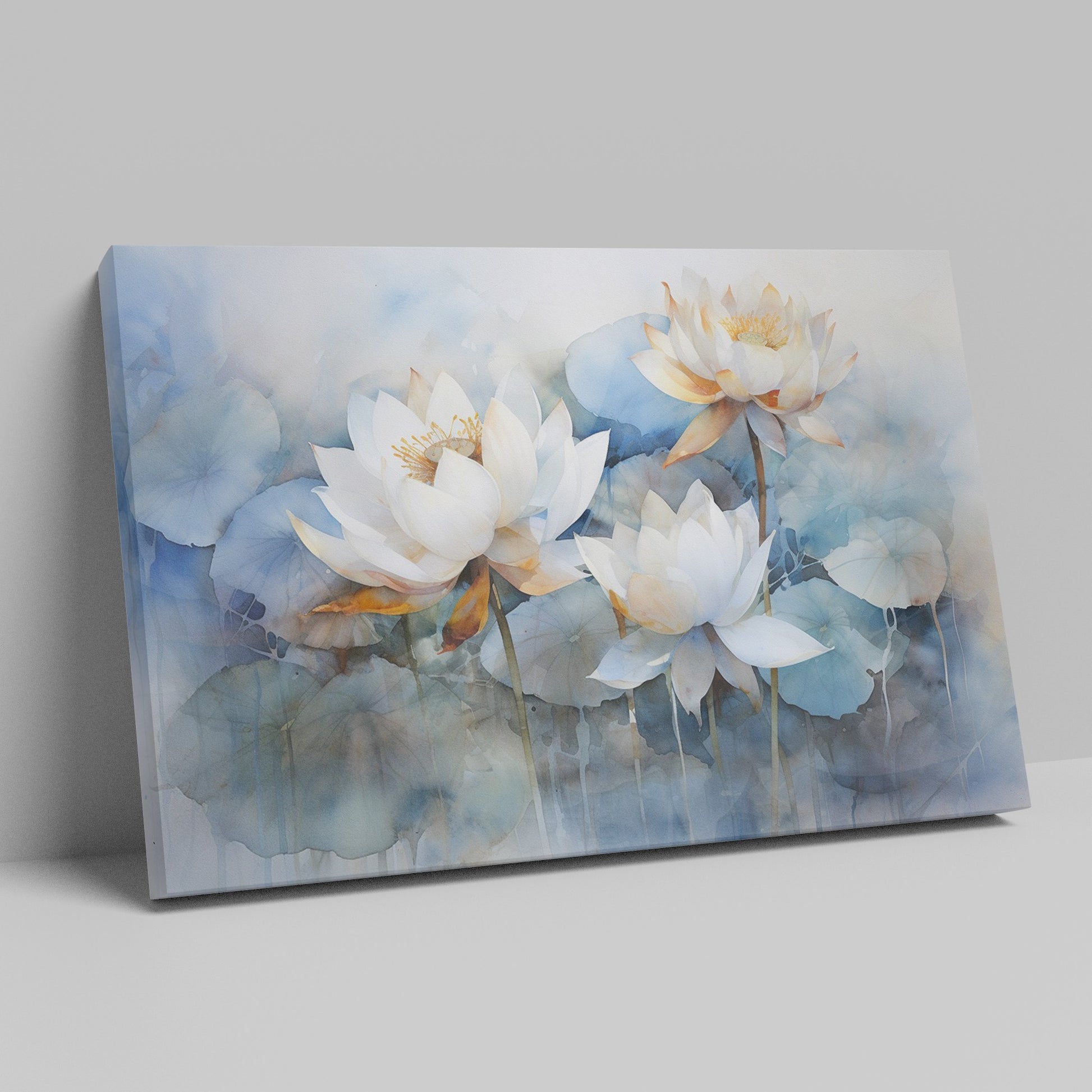 Framed canvas print of ethereal blue and white watercolour lotus flowers with a tranquil vibe